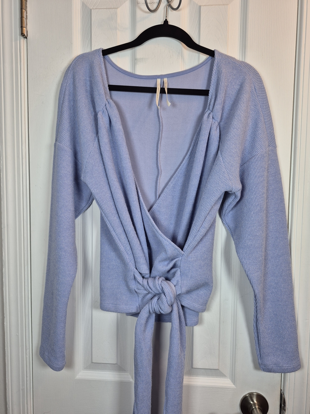 By Anthropologie Blue Periwinkle Ribbed Wrap Front Tie Top Sweater Size Large - Picture 2 of 7